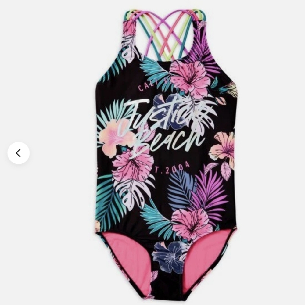 JUSTICE Beach Cali Vibe strappy one piece bathing suit L tropical swimsuit 12/14